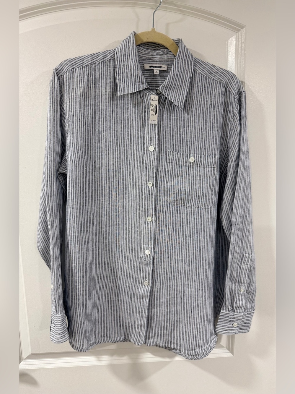 Madewell 100% Linen Striped Button Up Shirt Blue White Relaxed Small NWT - Picture 7 of 8
